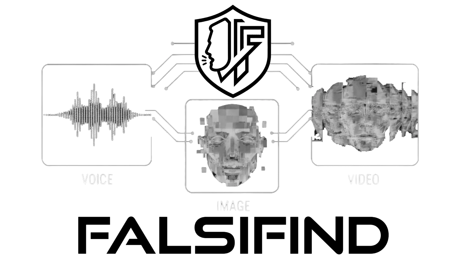 FalsiFind product diagram: voice, image, and video inputs analyzed for authenticity